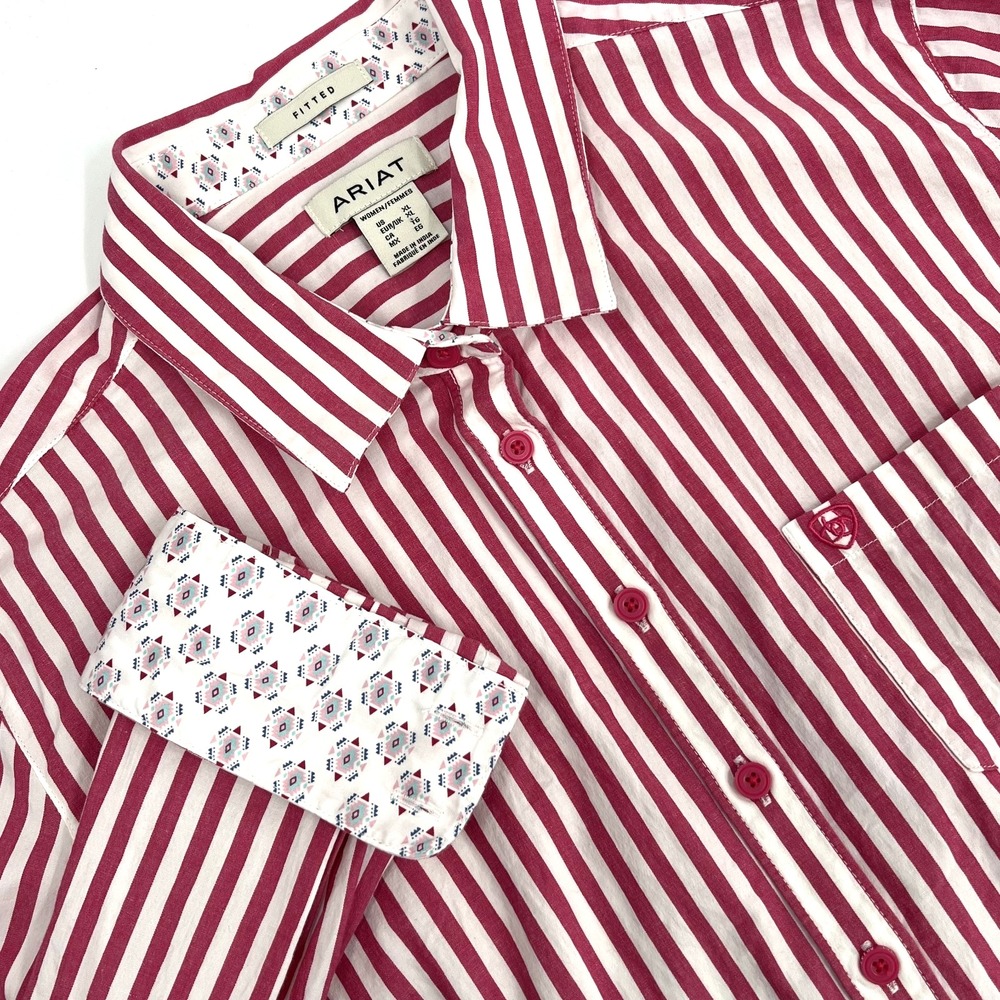 ARIAT Women's XL Fitted Hot Pink Striped Flip-Cuff Button-Up Kirby Shirt Stretch